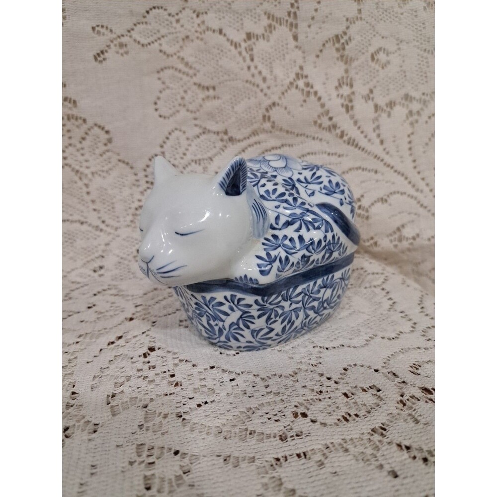 Vtg 80s Porcelain Ceramic Cat Gumps Thailand San Francisco Lidded Trinket Box